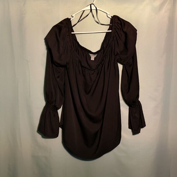 Women's Black Peasant Blouse – Long Sleeve Ruched Boho Top with Flare Cuffs - Picture 1 of 4